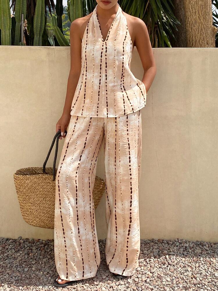 Spring & Summer Casual Vacation Style Halter Neck Sleeveless Top And Straight Leg Pants 2-Piece Set For Women Lounge Sets For Women
