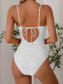 SHEIN Swim 女士沙滩装夏季纯色纹理面料聚拢露背前系带褶皱连体泳衣度假休闲 - 白色 - 查看 2