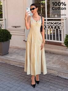 Siren Gaze Summer Elegant Pastal Dress For Women, Sleeveless V Neck Button Front Ruched Bust A-Line Maxi Dress, Holiday Brunch Golf Wedding Guest Outfits - Apricot - View 9