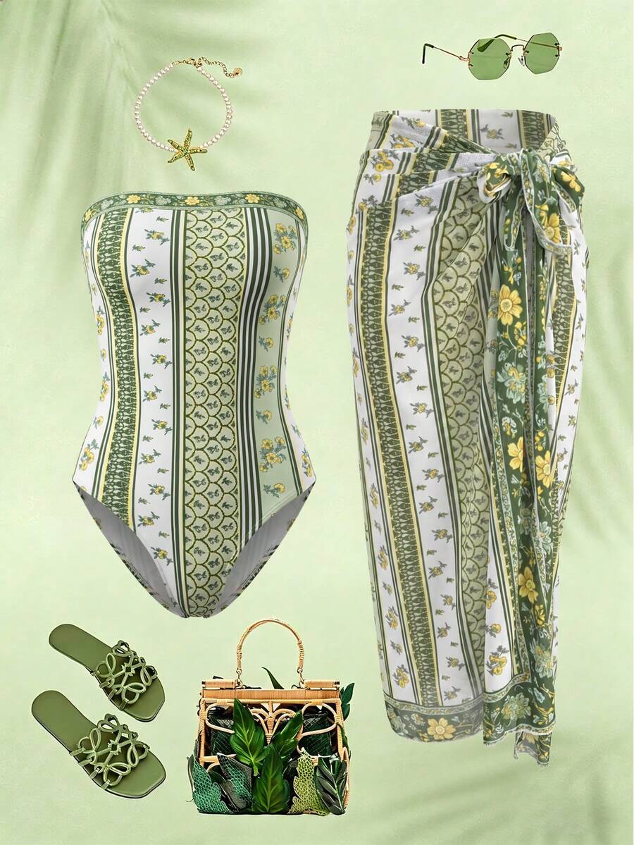 Swim Oasis 2pcs/Set Women's Modest Beach Outfit, Floral & Striped Halter Neck Romper And Side Tie Skirt, Suitable For Beach, Pool Party, Vacation - Multicolor - View 1