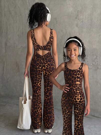 SHEIN Tween Girl Casual Everyday Leopard Print Sleeveless Fitted Hollow Out Comfortable Activewear
