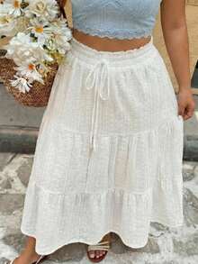 Vivid Eden Women's Plus Size White Eyelet Tiered Midi Skirt,Summer Boho Vacation Holiday Beach Casual Bohemian Birthday Outfit Drawstring Ruffle Hem - White - View 1