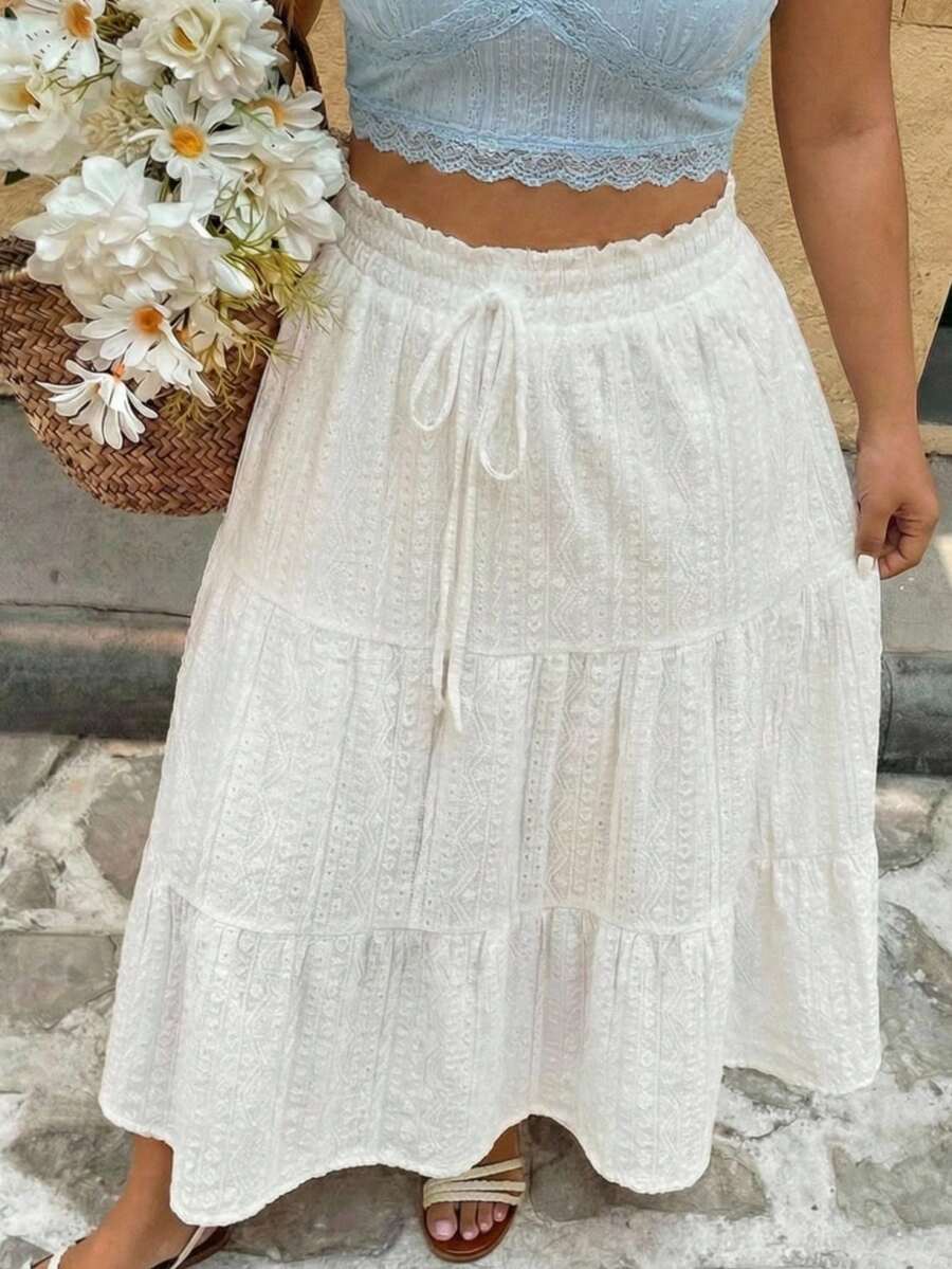 Vivid Eden Women's Plus Size White Eyelet Tiered Midi Skirt,Summer Boho Vacation Holiday Beach Casual Bohemian Birthday Outfit Drawstring Ruffle Hem - White - View 1