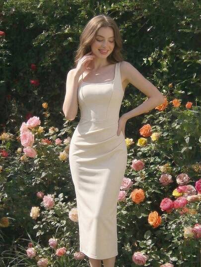 SHEIN MOD Women's Solid Color Pleated Scoop Neck Fitted Midi Dress, Sleeveless, Summer Dresses, Festival Outfits For Women, Elegant Dresses For Party, Wedding Guest Dress, Graduation Dress, Dresses For Holiday, Office Attire For Women, Formal Dress, Womens Elegant Square Neck Sleeveless Midi Dress With Shirring Detail For Formal Events, Midi Bodycon Dress, Vintage, Retro, Country Concert Outfit, Romantic, Birthday Dress, Vintage Dress, French Style Dress, Tea Party , Romantic, Cottagecore