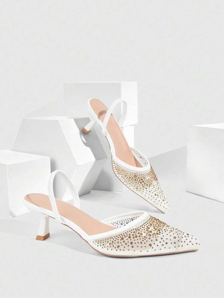 CUCCOO SZL Women Shoes Spring And Summer New Women's High Heel Shoes Mesh Rhinestone Breathable Pointed Square Heel Medium Heel French Elegance Commuter Dating Wedding Banquet Versatile Women's Shoes