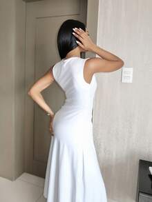 Natali Santanap 女士新款优雅简约毕业/婚礼宾客礼服，白色无袖圆领腰部褶饰贴花花卉刺绣不对称下摆针织长裙，夏季 - 白色 - 查看 2