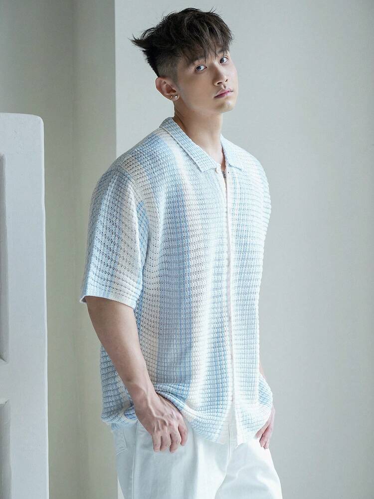 Men's Color-Block Knitted Short-Sleeved Shirt With Lapel Collar And Front Button Placket For Summer,Fall Clothes Vacation