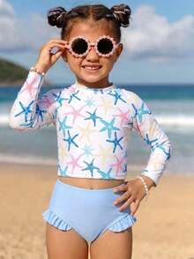 SHEIN 女童吊带泳衣，可爱浅蓝色针织面料，海星印花长袖吊带泳衣，时尚休闲优雅，适合游泳、夏季度假、海滩、泳池、节日派对 - 藍色 - 查看 1