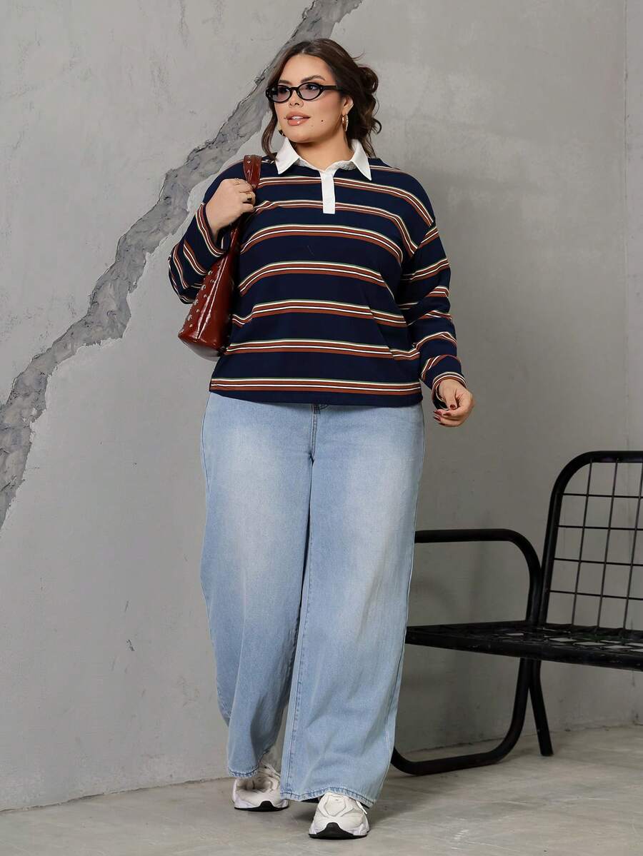 MOD Plus Size Enfärgad Patch-ficka Casual Mångsidig Lösa Breda Ben Baggy Jeans, Low Rise Baggy Jeans, Y2k Jeans, Julbyxor - Mediumtvätt - Visa 1
