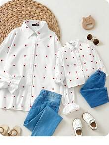 Baby Girl Mommy And Me Matching Casual Heart & Polka Dot Print Long Sleeve Lapel Shirts (2 Pieces Sold Separately) - White - View 1