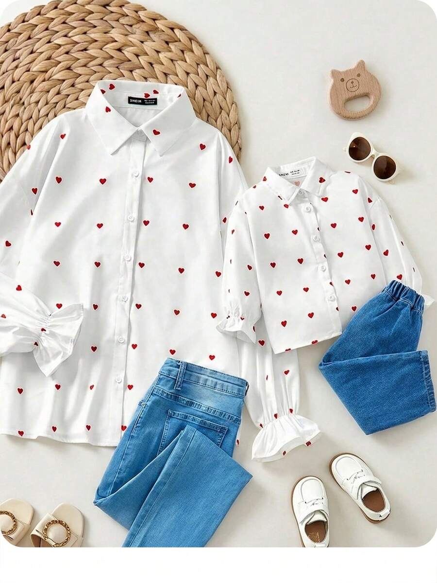 Baby Girl Mommy And Me Matching Casual Heart & Polka Dot Print Long Sleeve Lapel Shirts (2 Pieces Sold Separately) - White - View 1