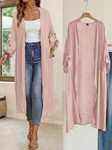 Plus Size Women Solid Color Casual Versatile Daily Wear Jacket - Pink - View 7