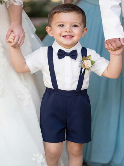 2pcs Baby Boy Summer Cute Versatile Peter Pan Collar Shirt And Suspender Shorts Gentleman Outfit Set, Suitable For Birthday Party, Evening Party, Performance, Wedding, Baby Shower, Wedding Guest, Pageboy, Ring Boy, Flower Girl