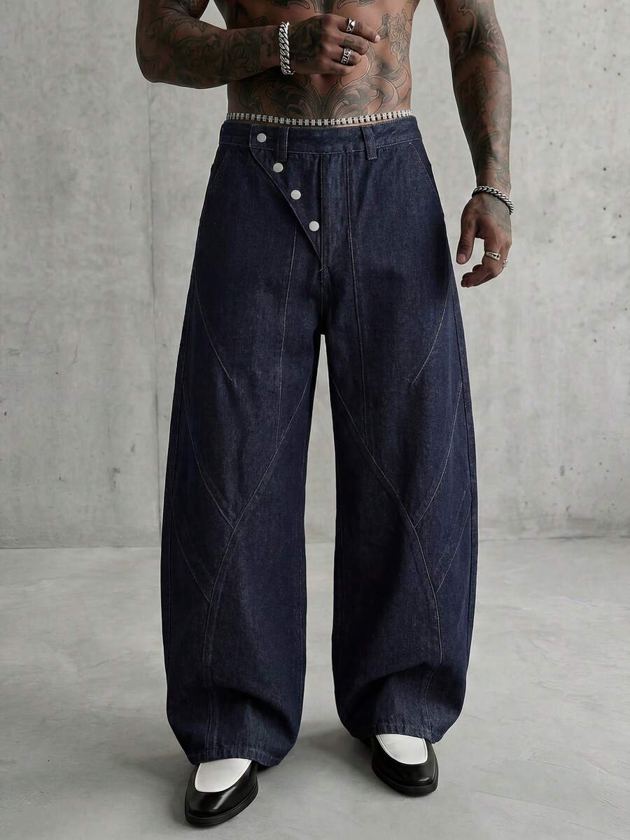 AXEPEAK Men's Button Front Wide Leg Loose Casual Jeans - Blue - View 1