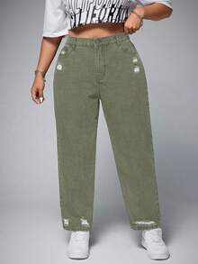 SHEIN ICON Plus Size Women Casual Everyday Wear Distressed Button Pocket Design Denim Jeans Date Night Sage Green Summer - Green - View 5
