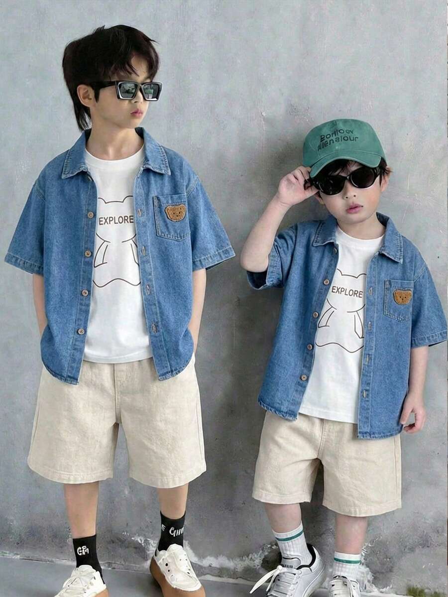 SHEIN Little Byeori 3件套男童舒适休闲日常百搭可爱小熊图案衬衫领短袖上衣、短袖T恤和短裤套装,适合春夏季节日常穿着、运动、郊游、上学、聚会、节日、拍照、返校、度假、海滩等场合。 - 彩色 - 查看 1