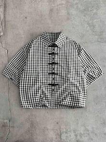 AXEPEAK Men's Plaid Pattern Short Sleeve Single-Breasted Casual Shirt - Black and White - View 1
