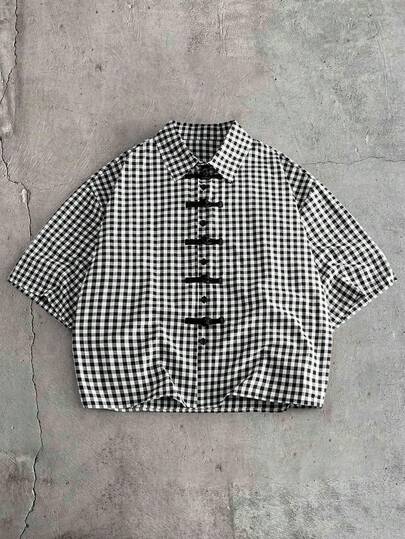 AXEPEAK Men's Plaid Pattern Short Sleeve Single-Breasted Casual Shirt