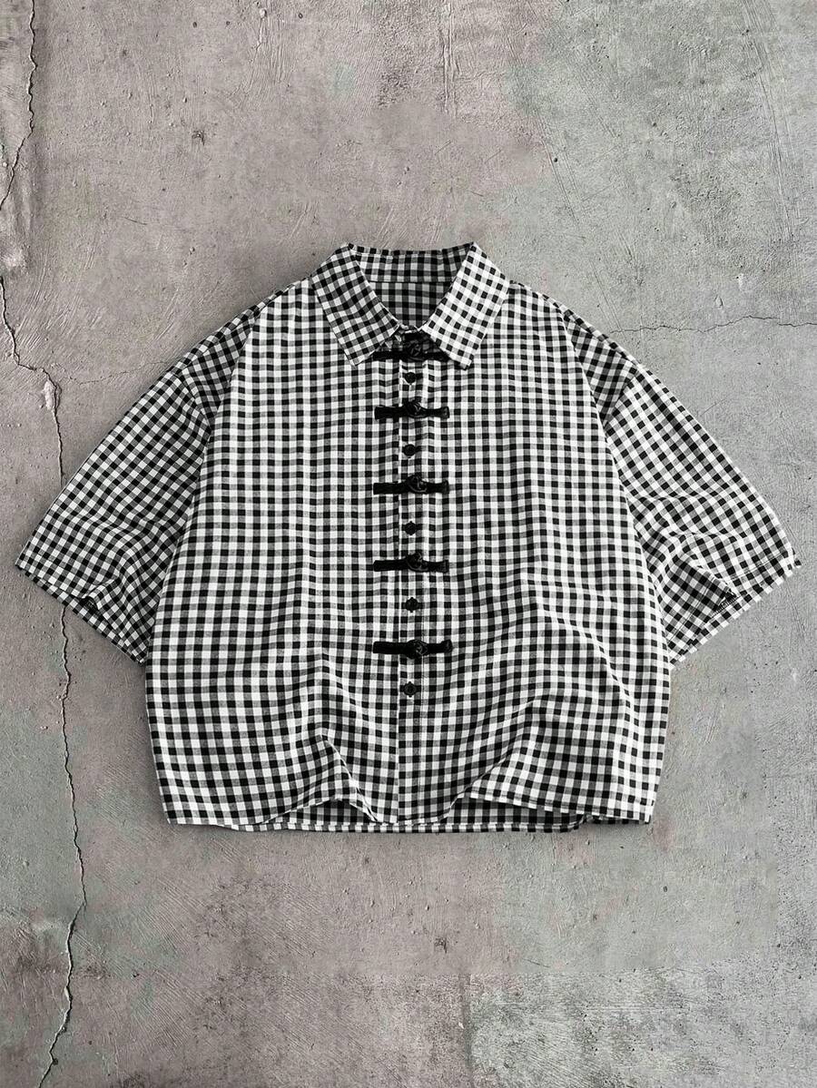AXEPEAK Men's Plaid Pattern Short Sleeve Single-Breasted Casual Shirt - Black and White - View 1