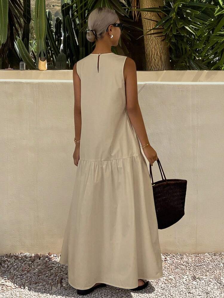 Women's Solid Color Round Neck Sleeveless Loose Ruffled Hem Long Dress With Pockets Sun Dresses For Women