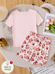 Bộ đồ ngủ mùa hè cho bé gái, áo tay ngắn và quần short ôm sát, áo họa tiết kaki + quần short in hình chuột lang, đồ ngủ thoải mái, ôm sát dễ thương, bộ đồ mặc nhà cho bé gái họa tiết chuột lang đáng yêu. - Màu be - Xem 2