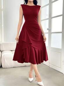 Modelyn Women's Solid Color Round Neck Ruffle Hem Pleated Elegant Dress - Burgundy - View 5