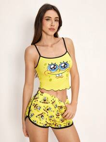 SpongeBob SquarePants | SHEIN Bộ đồ ngủ nữ in hình hoạt hình gồm áo hai dây và quần short, kiểu dáng thoải mái, thích hợp mặc ở nhà. - Màu vàng - Xem 4