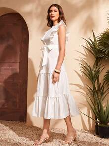 Modelyn Vestido con cinturón ribete con fruncido panel con encaje - Blanco - Ver 4