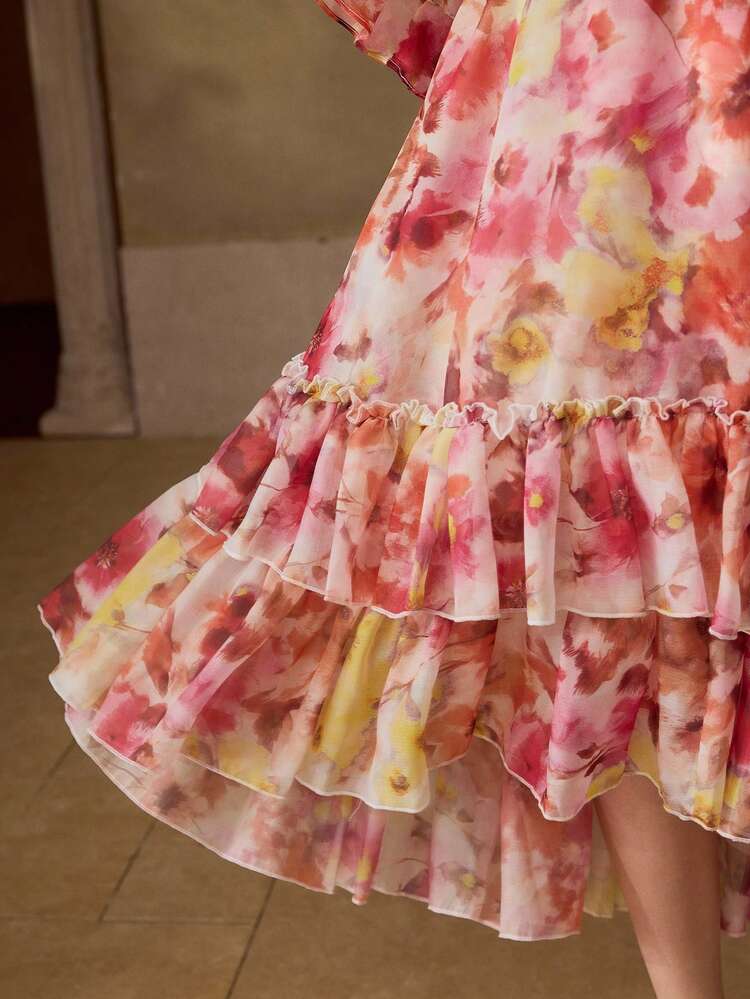 WOMEN'S ROMANTIC ELEGANT PRINTED RUFFLE HEM SKIRT, SPRING/SUMMER