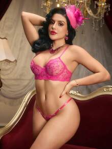 PinupPomp Set de lencería con bordado de hoja de malla transparente con aro - Rosa Fucsia - Ver 4