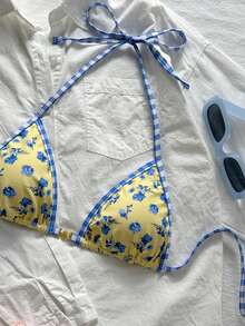 Swim Vcay 2026夏季女士甜美复古黄色碎花印花挂脖比基尼上衣，蓝色格纹饰边和贝壳扣三角胸罩，细肩带蝴蝶结泳衣上装，适合海滩度假和泳池派对，比基尼图案，另类比基尼套装，带罩衫，印花比基尼套装，泳装 - 彩色 - 查看 8