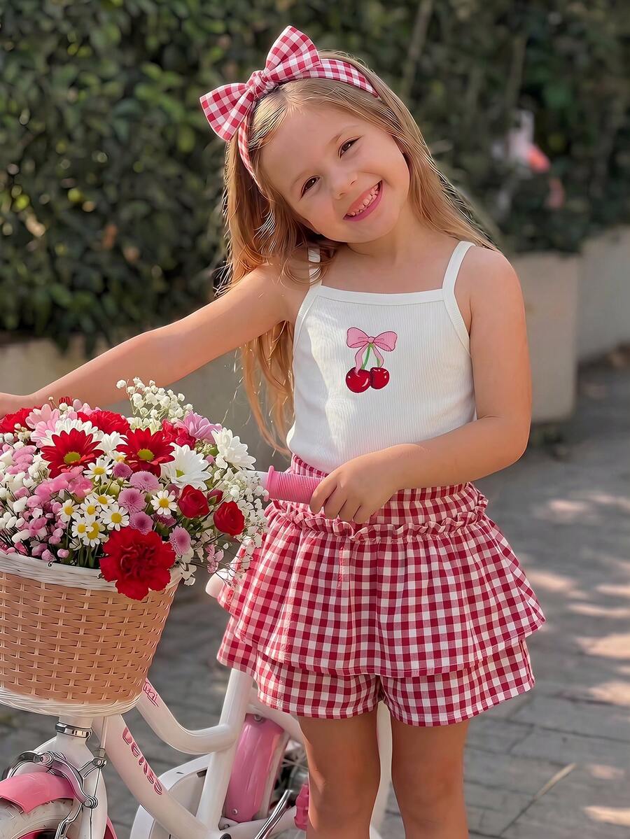 Emery Rose Kids Emery Rose Kids 女童夏季休闲樱桃印花吊带背心和格子短裤套装 - 紅白色 - 查看 1