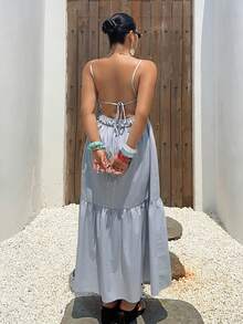 Dazy Plus Vestido elegante de talla grande de unicolor con empalme, espalda sexy para vacaciones en la playa, gris azul, vestido maxi de longitud midi con tirantes de espagueti para primavera/verano, vestidos de sol para mujeres - Neblina azul - Ver 1