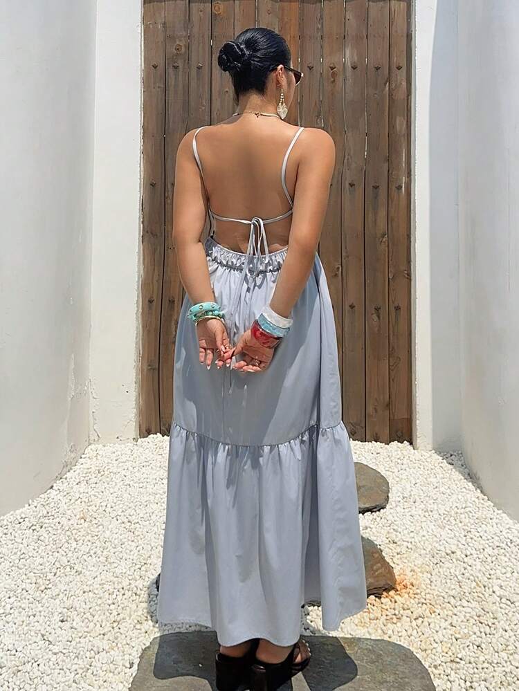 Dazy Plus Plus Size Solid Color Splicing Sexy Backless Beach Vacation Elegant Dress, Gray Blue, Midi Length Spaghetti Strap Maxi Dress For Spring/Summer