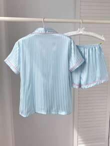 SHEIN Comfortcana Bộ đồ ngủ satin viền tương phản in hình trái tim - Màu xanh Bạc hà - Xem 2