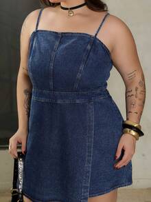 Bibi Tomais Plus Size Denim Jumpsuit, Casual Bib Slim Fit Mini Blue,Back To School - Dark Wash - View 5