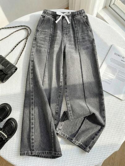 SHEIN Tween Girls' Loose Fit Gray Denim Jeans With Slant Pockets Y2K Summer Light Washed Baggy Bermuda Casual Street  ,Comfortable & Chic,Casual & Street Style, Summer,Suitable For Spring And Summer Wear, Elegant And Holiday Wear,Spring Break Summer Beach Vacation Wear Summer Light Washed Baggy Short Casual Street Denim Long Shorts, Denim Short,Comfortable & Chic,Casual & Street Style, Summer,Suitable For Spring And Summer Wear, Elegant And Holiday Wear,Spring Break Summer Beach Vacation Wear,Summer Short,White Short