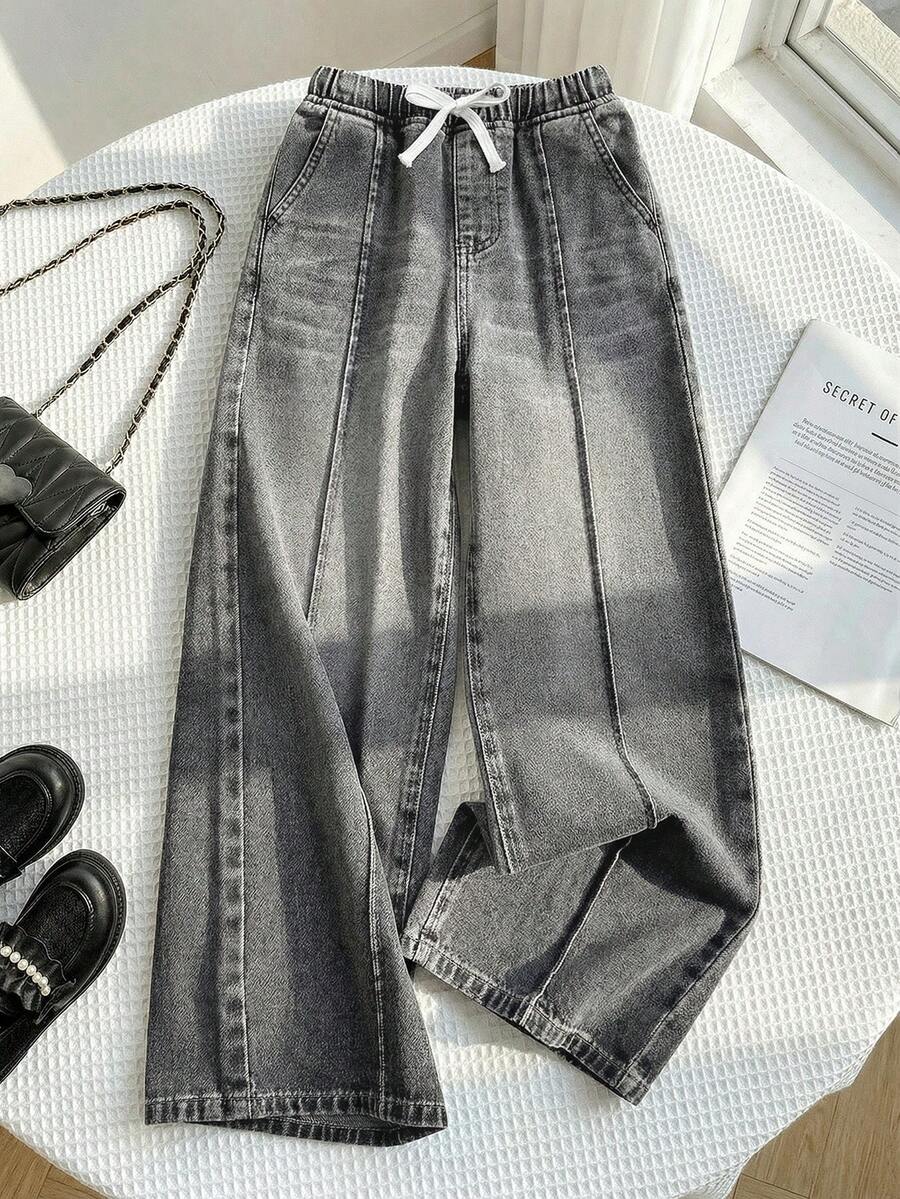 SHEIN 青少年女孩寬鬆灰色牛仔長短褲,斜口袋設計,Y2K夏季淺色水洗寬版百慕達休閒街頭風,舒適時尚,適合春夏季穿著,優雅度假風,春假海邊度假穿搭,白色短褲,派對婚禮畢業舞會生日休閒度假穿搭 - 灰色 - 查看 1