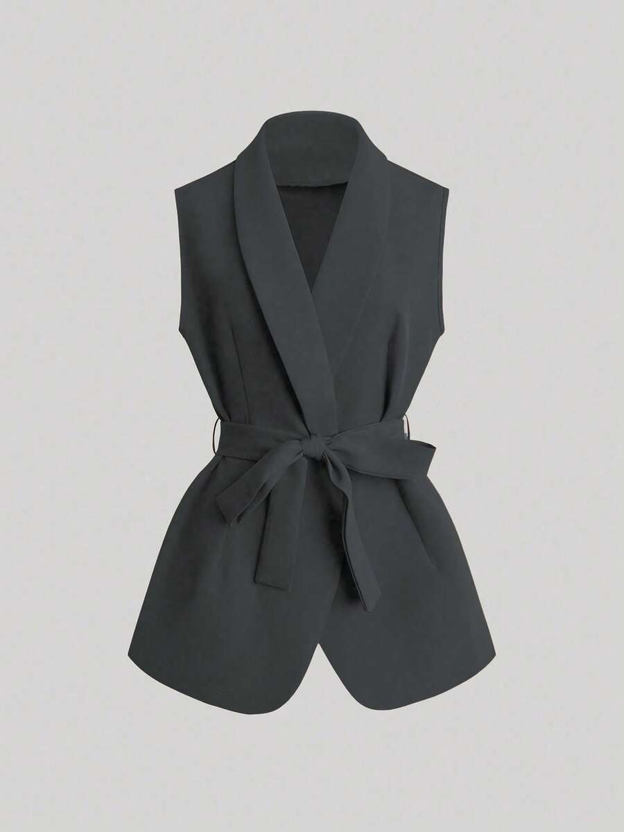 Franclia New Women Sleeveless Vest Jacket With Belt - Dark Grey - View 1