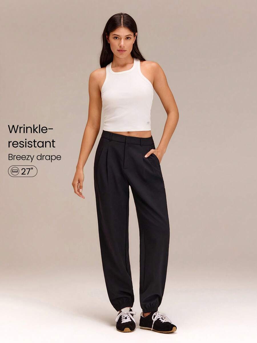 GLOWMODE 透气丝滑抗皱速干弹力裤脚褶裥慢跑裤，带侧袋，日常休闲穿着 - 黑色 - 查看 1