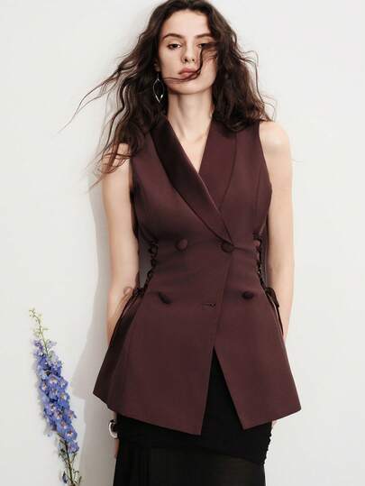Aveloria Modichic Áo khoác blazer nữ bằng vải satin phối nhiều mảnh, kiểu dáng thanh lịch, không tay.