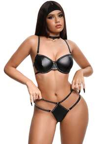 Bộ 3 áo ngực nữ bằng da PU mờ đính sequin, có đệm mút. - màu đen - Xem 3