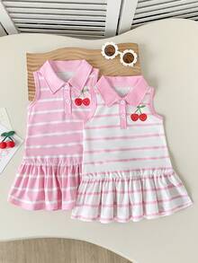 SHEIN Playful Pals 女童夏季条纹翻领无袖连衣裙 - 粉色 - 查看 5