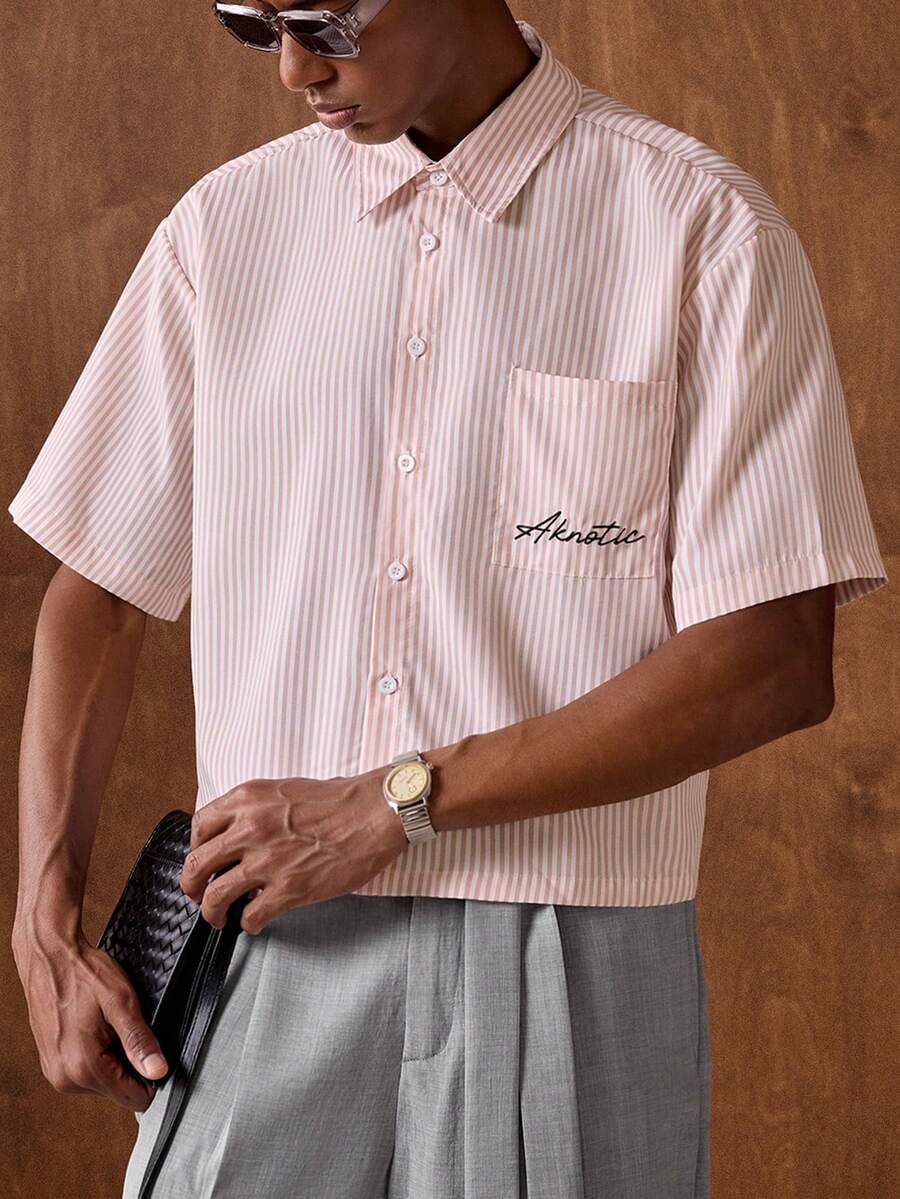 AKNOTIC Men's Casual Striped Short Sleeve Shirt, Summer - Khaki - View 1
