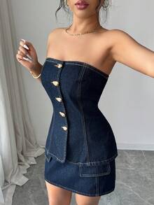Elenzga Minifalda vaquera elegante y minimalista de corte evasé que estiliza la figura de la mujer - Azul lavado oscuro - Ver 5