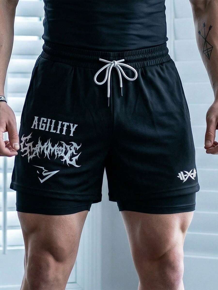 GymBeat Men's Casual Sports Letter Print Drawstring Waist Shorts, Summer - Black - View 1