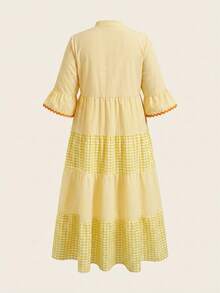 SHEIN LUNE Plus Size Summer Vacation Striped & Plaid Splice Notched Neck Dress Fall - Yellow - View 2