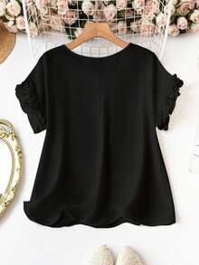 SHEIN CURVE+ Áo thun cổ tròn tay ngắn màu đen dáng rộng, chất liệu nhăn nhẹ, thích hợp cho mùa xuân, hè và thu. - màu đen - Xem 2