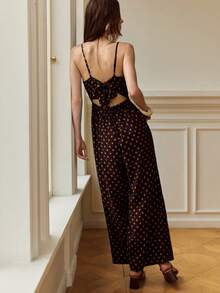 Écloséra 女士休闲棕色底黄色波点无袖露背连体裤，春夏款，棕色连体裤，度假连体裤 - 棕色 - 查看 4