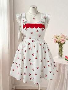 Flirla Plus Size Women Cute Sweet Casual Vacation Red Ditsy Floral Sleeveless Dress - Multicolor - View 3